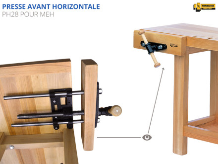 Presse manuelle avant horizontale PH28 équipant nos établis bois. En fonte et acier massif, avec 2 axes de guidages pour un serrage puissant. Qualité professionnelle