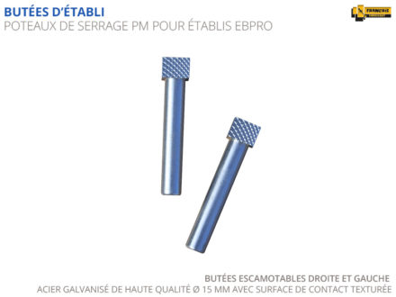 Butée d'arrêt, butées d'établis, poteaux de serrage escamotables pour établis. Accessoire d'établi professionnel en acier galvanisé de diamètre 22 mm, longueur 150 mm. Avec ressort latéral de maintien et surface de contact texturée.