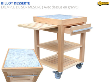 Billot desserte sur mesure, billot dessert bois de bout, billot desserte professionnel, billot en charme massif, avec tiroir bois, clayette coulissante, 2 tablettes intermédiaires ajourées, piétement hêtre massif, dessus en granit