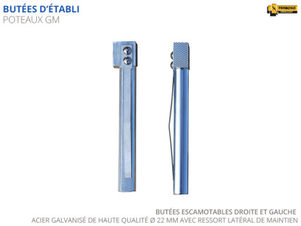 Poteaux de serrage, butées d'établis escamotables en acier galvanisé. Accessoire d'établi professionnel de diamètre 22 mm, longueur 150 mm. Avec ressort latéral de maintien et surface de contact texturée.