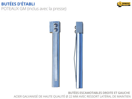 Poteaux de serrage butées escamotables d'établis en acier galvanisé 22 mm de diametre longueur 150 mm et ressort latéral de maintien inclus