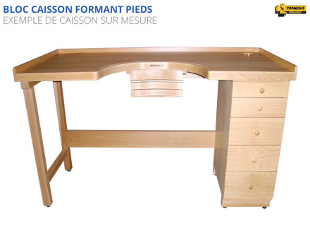 Bloc caisson formant pieds, pour établis. Tout hêtre avec façades et boutons de tiroirs en hêtre massif. Disponible en version standard de 5 et 6 tiroirs ou entièrement sur mesure. Qualité professionelle