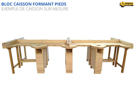 Bloc caisson formant pieds, pour établis. Tout hêtre avec façades et boutons de tiroirs en hêtre massif. Disponible en version standard de 5 et 6 tiroirs ou entièrement sur mesure. Qualité professionelle