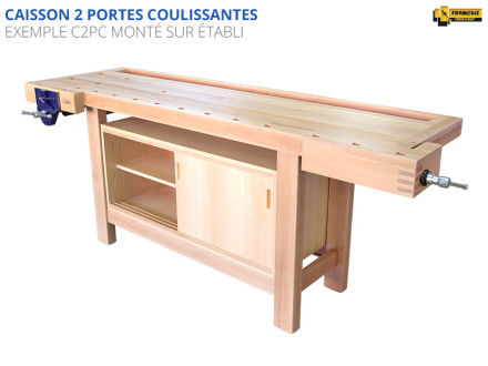 Caisson d'établi 2 portes coulissantes en bois hêtre, hêtre massif. Accessoire pour établis standard et sur mesure. Qualité professionnelle