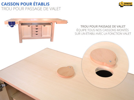 Caisson d'établi 2 porte et 4 tiroirs en hêtre, hêtre massif. Pour établis avec trou pour passage de valet. Qualité professionnelle standard et sur mesure