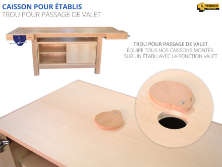 Caisson d'établi 2 portes coulissantes en hêtre, hêtre massif pour établis avec trou pour passage de valet qualité professionnelle standard et sur mesure