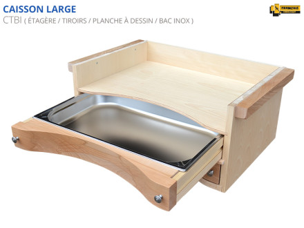 Caisson large avec bac inox de récupération et planche à dessin pour établis de bijoutier / joaillier. Qualité professionnelle avec façades en hêtre massif.