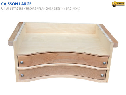 Caisson large avec bac inox de récupération et planche à dessin pour établis de bijoutier / joaillier. Qualité professionnelle avec façades en hêtre massif.