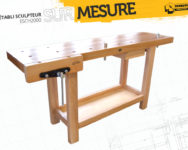 Établi bois pour sculpteur luthier professionnel sur mesure. Établi en hêtre massif de longueur 2 mètres avec presse horizontale, presse à chariot, bac formant caisson, et option multifonction (perçages sur le plateau et sur la mâchoire de la presse permettant un serrage sur toute la largeur de l'établi à l'aide des poteaux de serrage)